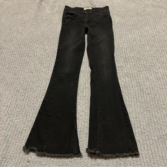 Free People Denim - Free People Black Flare Mid Rise Jeans Slit Hem Bell Bottom Seamed Size 27